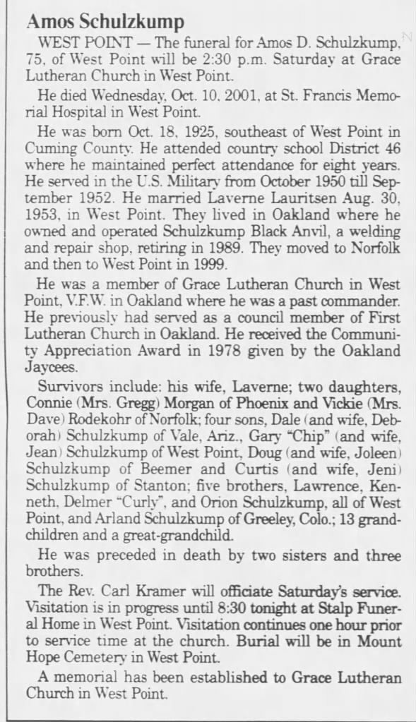 Obituary for Amos D. Schulzkump, 1925-2001 (Aged 75)